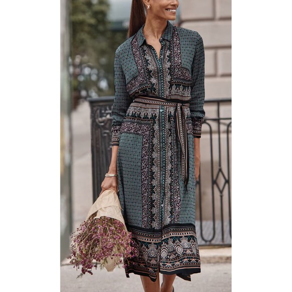 J. Jill Dresses & Skirts - J Jill Wearever Foulard Print Shirtdress Size Small Button Front Pockets Lng Slv